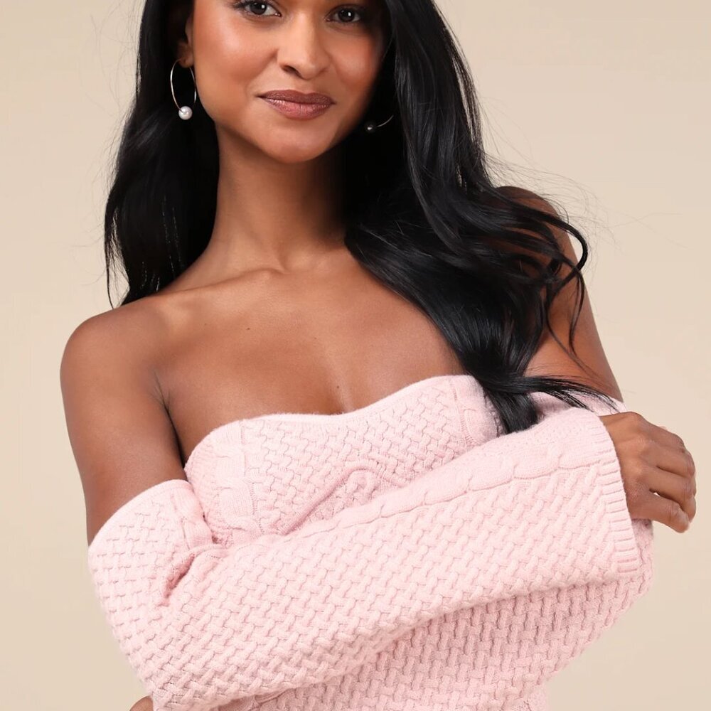 Lulus Cuddly Element Light Pink Cable Knit Off-the-Shoulder Midi Dress - Picture 3 of 3